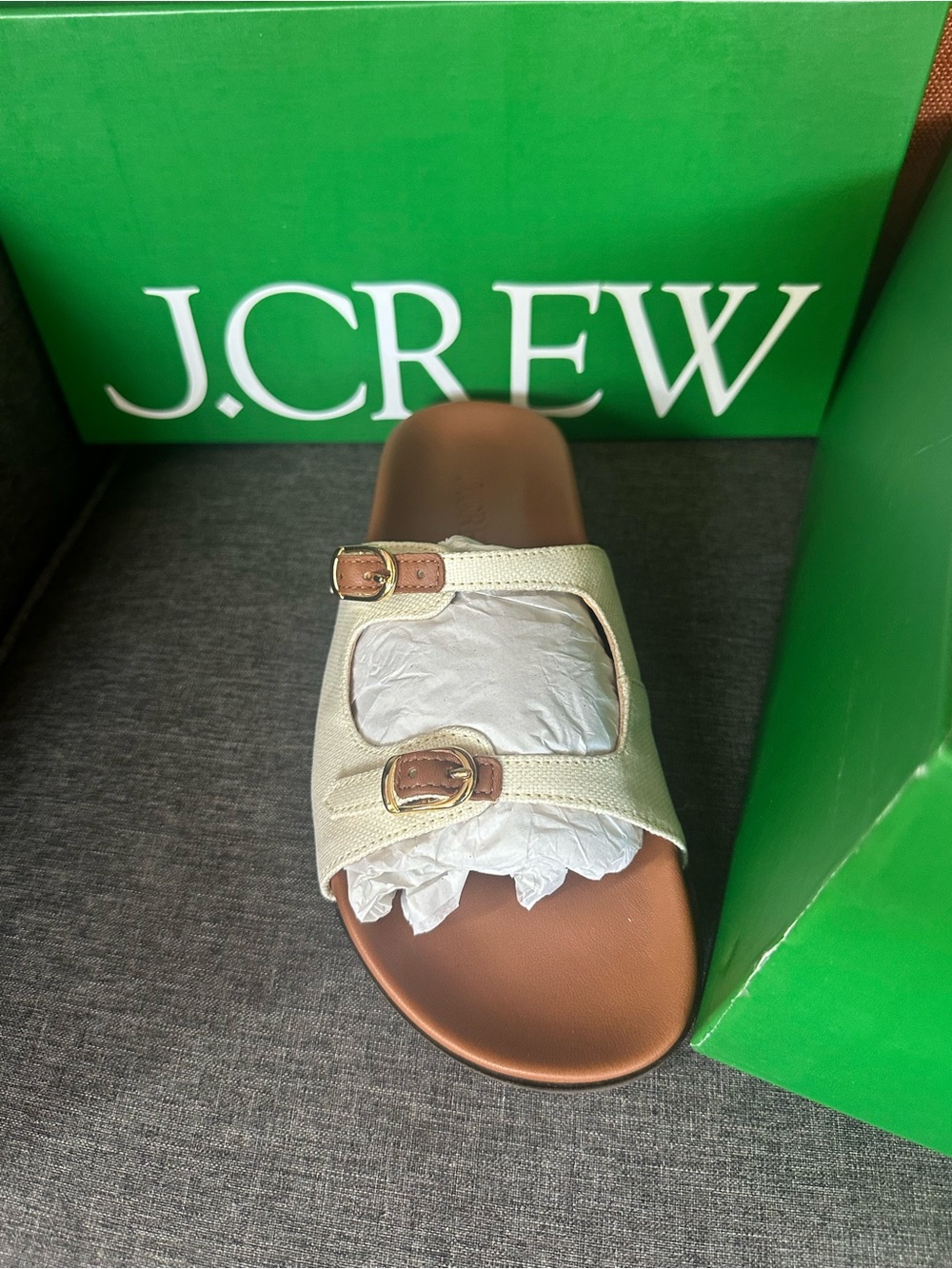 J. Crew Cream Double-Buckle Slide Sandals with Tan Footbed